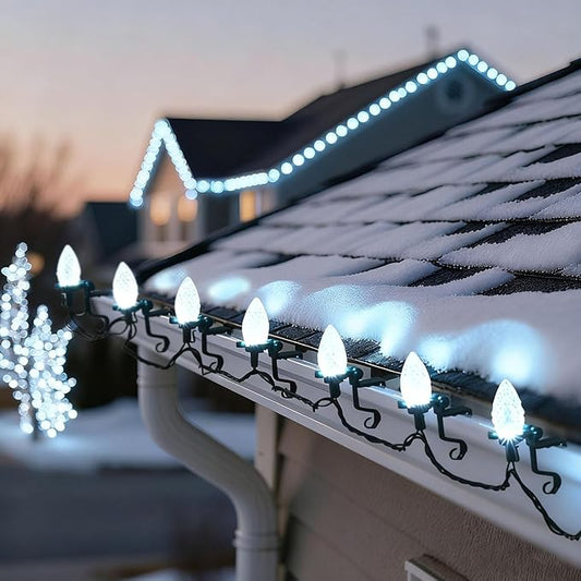 C9 LED Outdoor Christmas Lights,C9 String Lights with Quick Clips,for Xmas House Roof Gutter,Plug in & Connectable,66FT 100 Light,Cold White Faceted