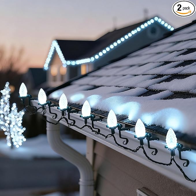 C9 LED Outdoor Christmas Lights,C9 String Lights with Quick Clips,for Xmas House Roof Gutter,Plug in & Connectable,132FT 200 Light,Cold White Faceted