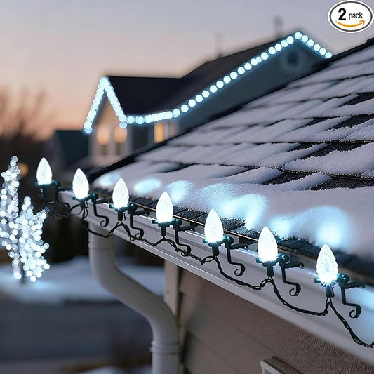 C9 LED Outdoor Christmas Lights,C9 String Lights with Quick Clips,for Xmas House Roof Gutter,Plug in & Connectable,132FT 200 Light,Cold White Faceted