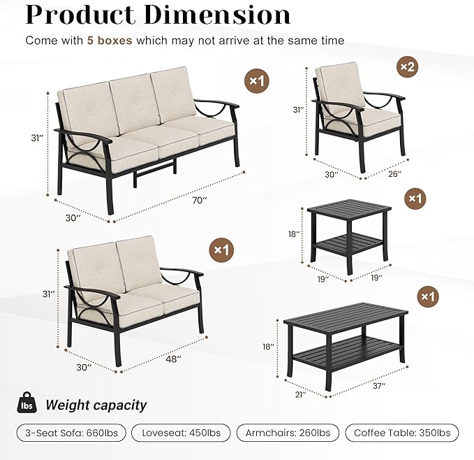 6-Piece Outdoor Patio Furniture Set, Outdoor Metal Sectional Furniture with Cushions, Outdoor Conversation Seating Set with Side Table for Deck, Backyard, Garden, Balcony, Black