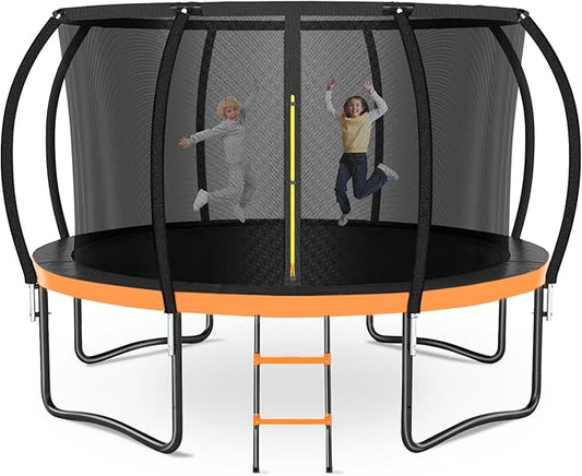 8FT 10FT 12FT 14FT 16FT Trampoline Outdoor, Trampolines for Kids & Adults, Pumpkin Trampolines with Safety Net, Ladder, Coating Metal Frame, ASTM Approved Large Backyard Trampoline for Kids
