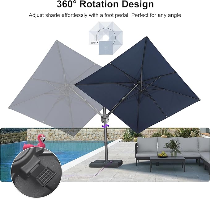 PURPLE LEAF 8' X 10' Swivel Outdoor Patio Aluminum Umbrella with Base Left-right Tilting Cantilever Offset Umbrella with UV Resistant Heavy Duty Fabric for Deck Pool Patio Backyard, Ocean Slate