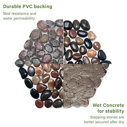 10in River Rock Stepping Stones Set - 6 Pack | Polished Pebble | Long-Lasting PVC Mesh Backing | Perfect for Garden Paths and Lawns Outdoor Landscaping Decoration | Mixed Rhombus