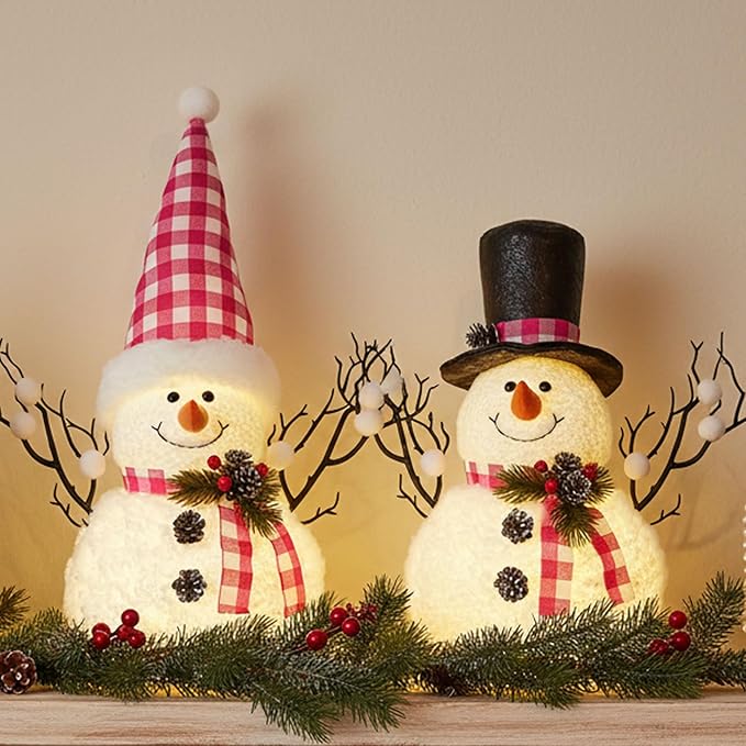2 Pack Christmas Table Decorations, 14" Lighted Plush Snowmen FigurinesPastel Christmas Ornaments, Light Up Snowman Holiday Present, Battery Operated Xmas Gifts Indoor Tabletop Ornaments