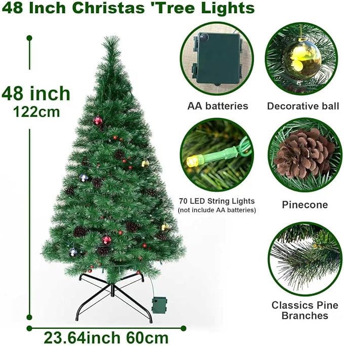 4FT Christmas Tree DOLUCKY Battery Operated Arbol de Navidad 8 Modes 70LED Artificial Christmas Trees with Lights Pinecone Haw for Outdoor Paths Gardens Christmas Decorations