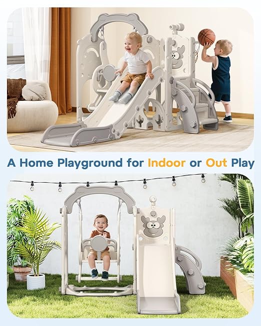 BIERUM Toddler Slide and Swing Set, 7-in-1 Indoor Outdoor Toddler Playset with Climber, Basketball Hoop & Golf Toys, Playground for Kids Ages 1+, Cream&Gray