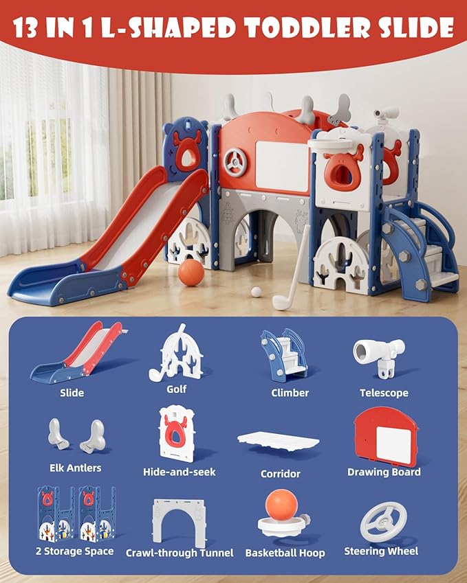 XJD 13 in 1 Toddler Slide Set, Kids Slide for Toddlers Age 1+, New Upgrade with Golf Set, Basketball Hoop, Drawing Board for Indoor Outdoor Playset, Birthday Gifts for Toddler (Blue Red)
