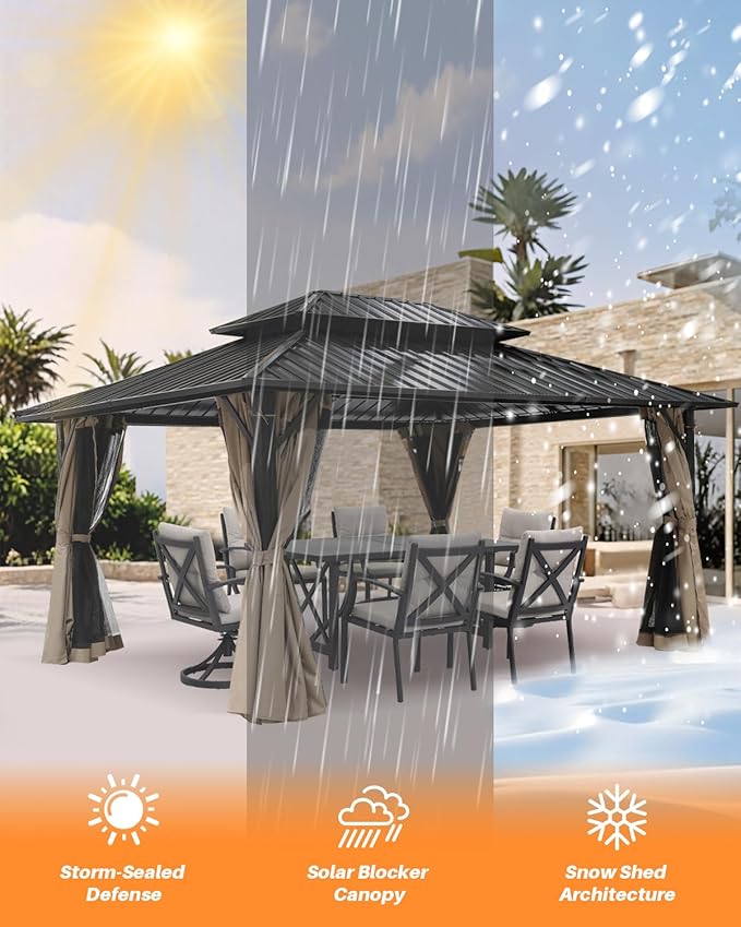 12' x 16' Hardtop Gazebo, Outdoor Patio Gazebo, Aluminum Frame Patio Hardtop Gazebos with Netting and Curtain, Outdoor Patio Pergola with Double Steel Roofs for Deck, Lawns, Garden, Sandstone