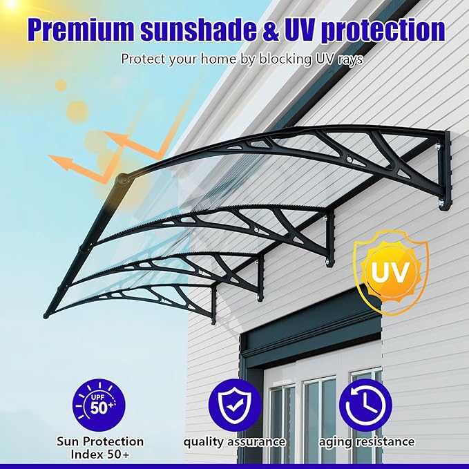 Awning for Outside, 32x48 UV-Resistant Rain and Snow-Proof House Overhang Canopy, Polycarbonate Door Awnings Exterior for Outdoor Patio, Porch, Deck, Window