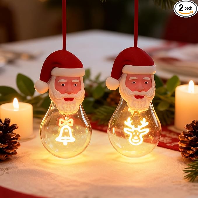 Brightever 2-Pack Lighted Christmas Hanging Ornaments for Christmas Tree Decor, Santa Claus Night Lights USB Rechargeable, Shatterproof A19 LED Bulbs with Bell and Reindeer Filaments for Indoor Decor