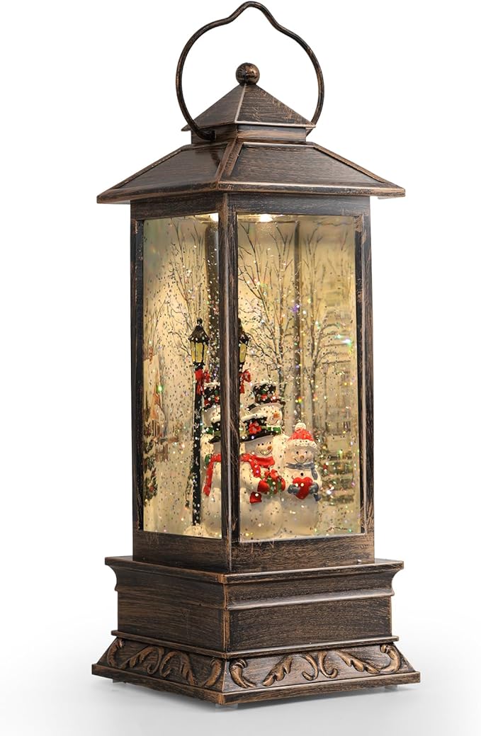 Snow Globe Lantern Christmas Table Decor with Santa Christmas Tree Lighted Scene Indoor Christmas Ornaments Decorations for Home Fireplace Mantle(Snowmen Family)