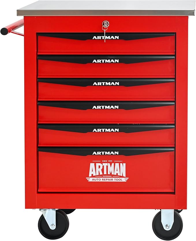 RYH 4/5/6/7 Drawers Rolling Tool Chest -Heavy Duty Mobile Metal Tool Box with Locking Wheels, with Stainless Steel Worktop, Garage Tool Storage Cabinet (Red, 6-Drawers 30.7 H¡¿22.2 W)