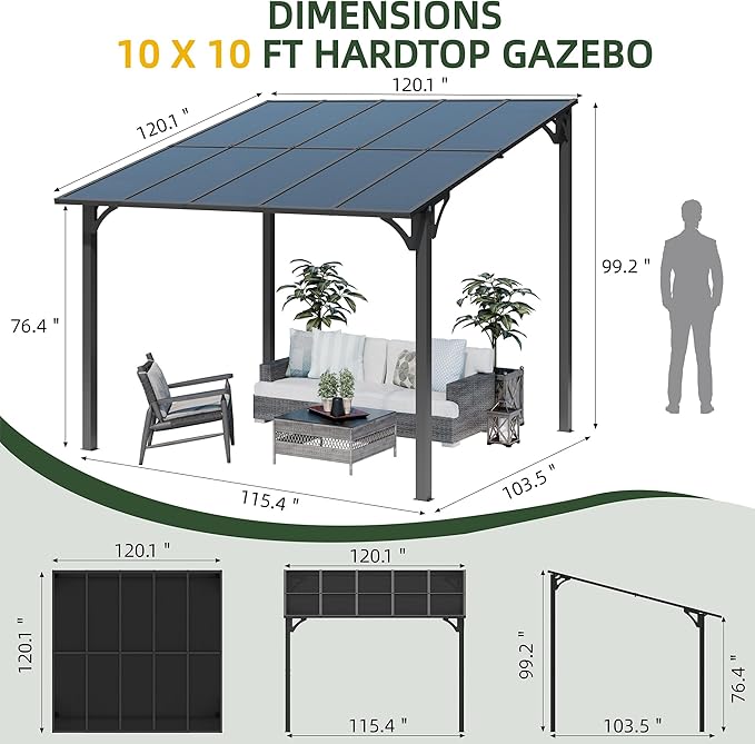 Vongrasig 10’ x 10’ Gazebo for Patio, Large Wall-Mounted Pergola Gazebo on Clearance, Outdoor Lean to Awnings for Backyard, Deck, Patio