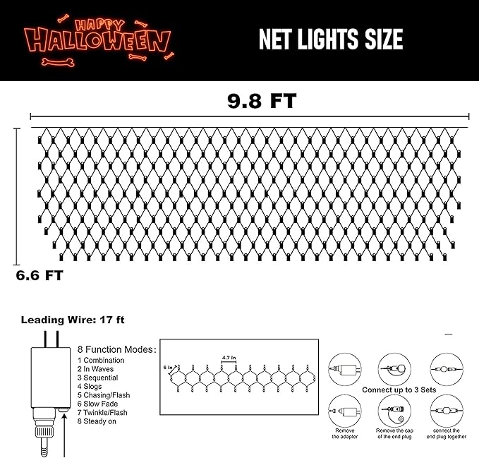 Dazzle Bright Halloween 200 LED Net Lights, 9.8 FT x 6.6 FT Connectable Mesh Lights Clear Wire with 8 Lighting Modes, Halloween Decorations for Indoor Outdoor Bush Yard Garden Decor (Orange)