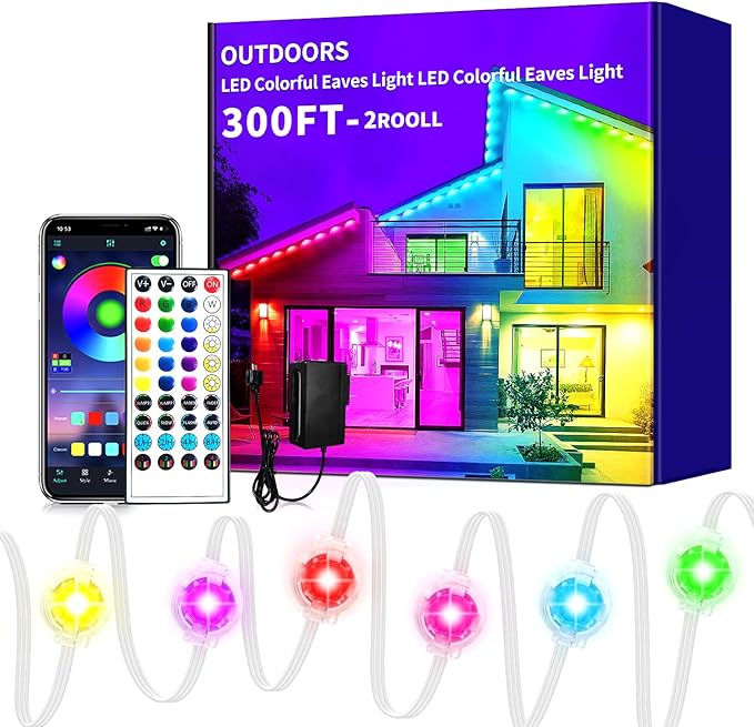 300ft Permanent Outdoor Lights,RGB Eave Lights,Music Sync IP67 Waterproof Outdoor Eave Light Lighting, can be Used for Garden,House,Party,Holiday Decoration（2 Rolls of 150ft