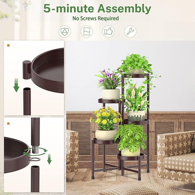 iDavosic.ly Plant Stand Indoor Outdoor, 5 Tier Corner Metal Flower Display Holder Shelf, Easy Assembly Folding Tall Orchid Rack for Patio Balcony Porch Garden Living Room House, Violet Bronze