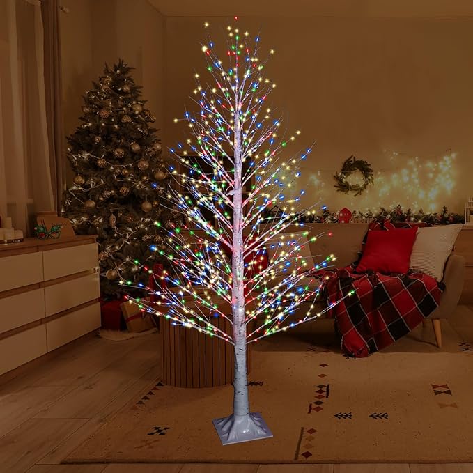 6FT 696LED Christmas Birch Tree Multicolor Lights with Twinkle, Twinkling or Steady Function for Selected, Birch Tree with Led Lights for Indoor Outdoor Home Party Decorations