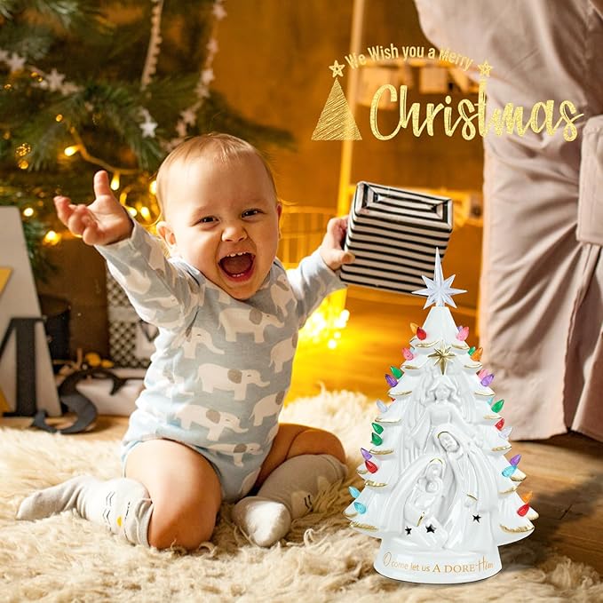 Ceramic Christmas Tree Nativity 14 Inch Tabletop Christmas Tree Vintage Christmas Decoration Battery Operated White XmasTree with Multicolored Lights and Star