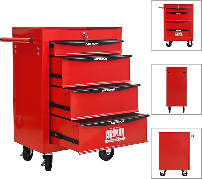 RYH 4 Drawers Rolling Tool Chest - Heavy Duty Mobile Tool Cart with Locking Wheels & Ball Bearing Drawers, 30.5 H x 20.9 W x 13 D Garage Tool Storage Cabinet (Red, 4 Drawers)