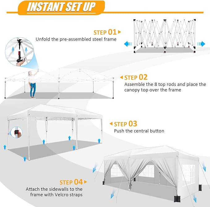 HOTEEL 10x20 Pop Up Canopy with 6 Sidewalls, One-Push Setup Canopy Tent with 8 Windbreak Poles, 10x20 Waterproof Outdoor Canopies for Parties Market Weddings Camping Patios (White)