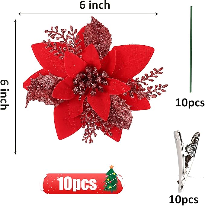RECUTMS 10 PCS Red Glitter Poinsettia Flowers Christmas Tree Ornaments Fake Christmas Flowers Artificial Christmas Flowers Decorations Wedding Xmas Tree New Year Ornaments Wreath Decoration(Red)