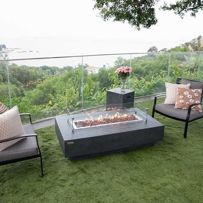 Hampton Fire Table Outdoor Fire Pit 56 x 32 Cast Concrete Firepit Includes Lava Rocks 45,000 BTUs Outdoor Fireplace for Patio Furniture Set, Deck, Porch, Outdoor Heater - Liquid Propane