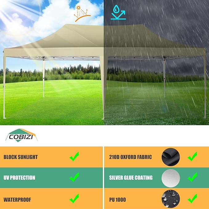 COBIZI 10x20 Pop Up Canopy with 6 Sidewalls,10x20 Canopy Tent Frame Upgraded with 3 Adjustable Heights,Waterproof UV50+ Outdoor Party Commercial Ez Up Gazebos with Carry Bag(10 x 20 ft Khaki)