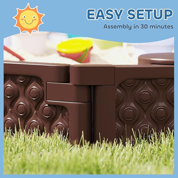 Qaba Kids Sandbox with Cover, Oval 71 HDPE Large Sand Pit with 4 Seats, Waterproof Bottom Liner, Weather Resistant Outdoor Sand Box for Backyard, Lawn, Garden, Beach, Patio, Brown
