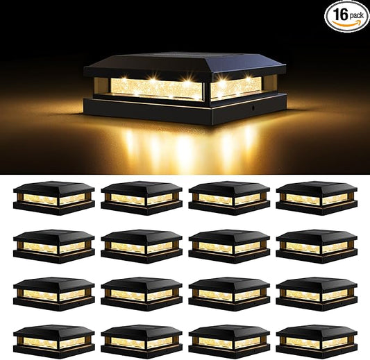 Solar Post Cap Lights Outdoor 16 Packs for 4x4 5x5 Vinyl/Wooden Posts, Waterproof Solar Powered Fence Cap Light with Warm/Cool Lighting, Black 16LEDs Deck Caps Lights for Yard, Garden, Patio