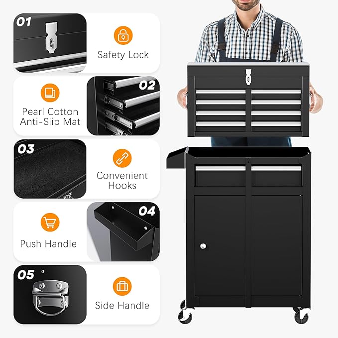 INTERGREAT Rolling Tool Chest, 5-Drawer Tool Box Organizer w/Lockable Wheels & Sliding Drawers & Detachable Top, Tool Storage Cabinet for Garage Workshop (Black)