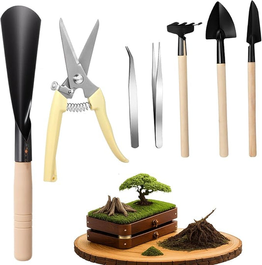 Frienda 7 Pcs Bonsai Tree Kit Garden Bonsai Tools Set Includes Pruning Shears, Mini Rake, Flat Tip Shovel, Pointed Shovel, Spade, Tweezers Gardening Accessories Gift for Beginner Mother Women Men