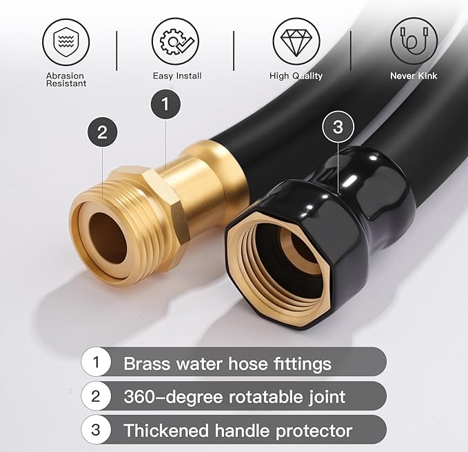 Garden Hose 5/8 x 10ft Brass Rubber Heavy Duty Water Hose 600 PSI Burst Pressure, Durable Flexible Hose for Yard, Car Wash, Pets Black