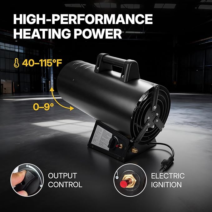 125,000 BTU Portable Forced Air Propane Heater - 10 ft Hose & Regulator Included, Adjustable Torpedo Heater for Garage, Construction Sites, Jobsite, Patio
