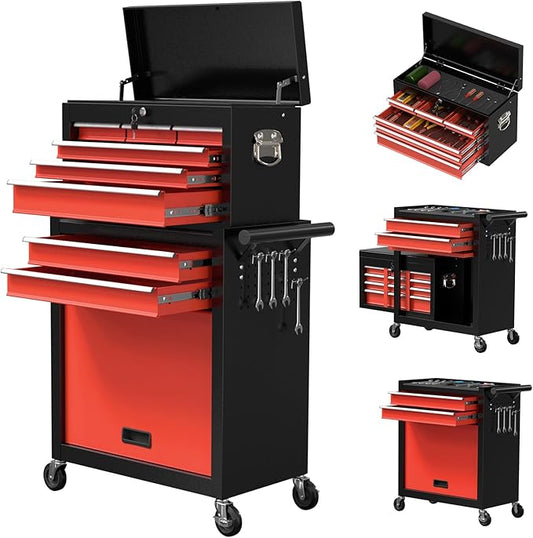 8-Drawer Rolling Tool Chest, High Capacity Removable Tool Storage Cabinet, Detachable Toolbox with Lock for Garage Warehouse and Workshop (BlackRed)