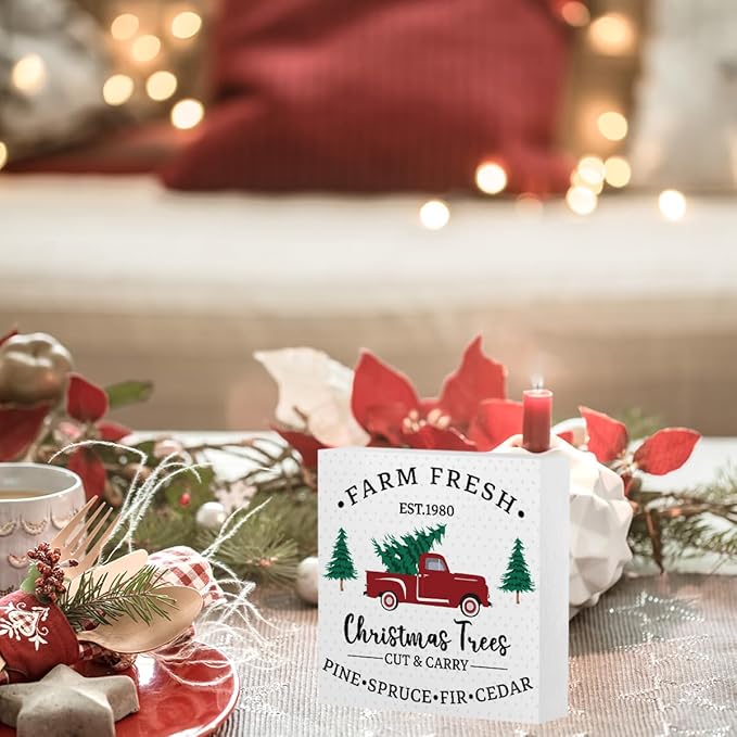 Funny Farm Fresh EST.1980 Sign Christmas Tree Decor Christmas Decorations Indoor Winter Desk Accessories Decoration for Table Home Shelf Office Gifts for Women 5 X 5 Inch