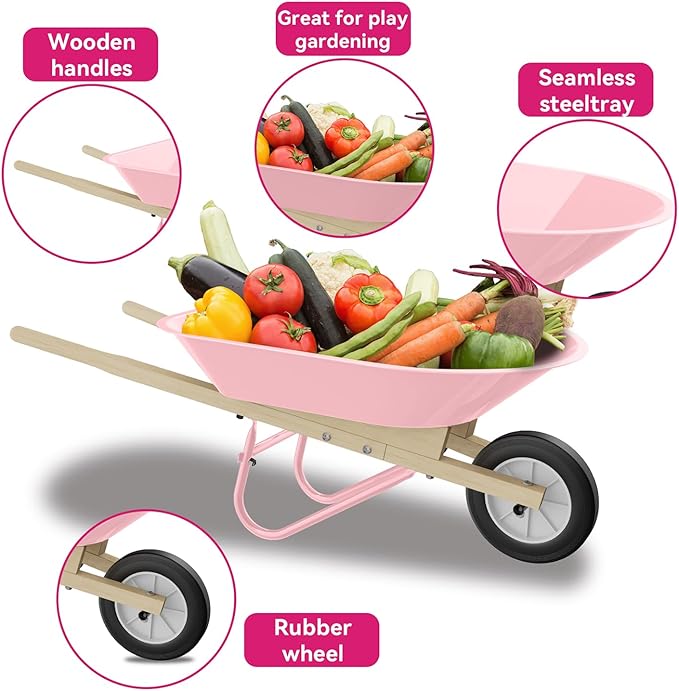 Kids Wheelbarrow Set with Gardening Tools Outdoor Backyard Garden Play for Toddlers Boys Girls 3-8, with Shovel, Rake, Leaf Rake, Easter Birthday Gifts (Pink Garden Set)