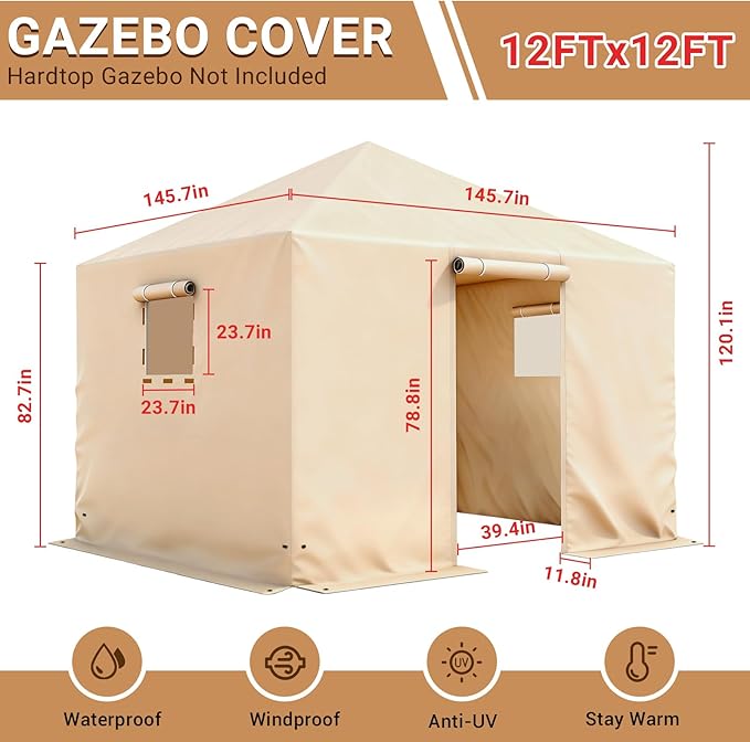 Winter Gazebo Cover for 12x12 Outdoor Hardtop Gazebos, Waterproof Enclosed Canopy Protective Covers Gazebo Accessories with 4 Sand Bags