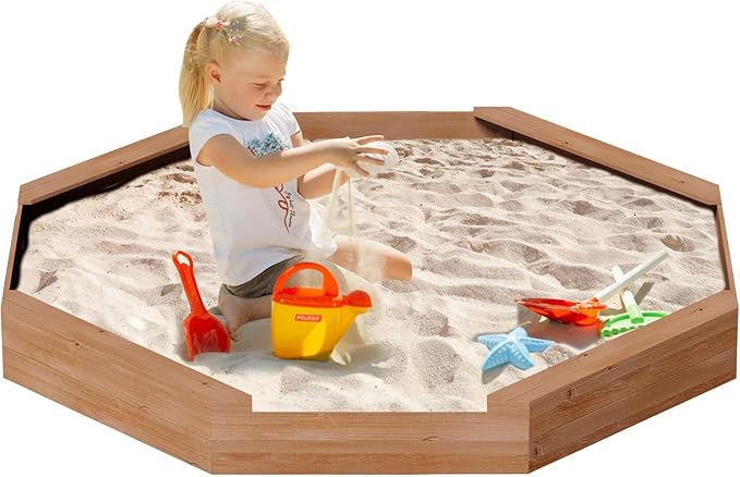 Children's Octagonal Wooden Sandbox with Cover and 4 Sturdy Benches, 8 Seats, Large Wood Octagonal Sandpit for Backyard, Patio, Garden
