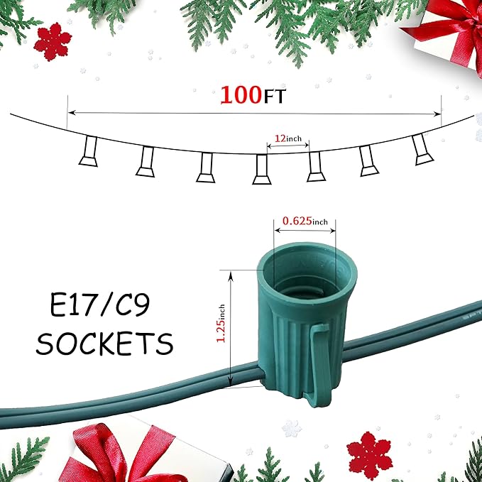 LUCKY TL 100 FT C9/E17 Christmas Light Sockets Spool Set, with 100 C9 Bulbs，Green SPT-1 Wire, 12 Inch Spacing, UL Listed