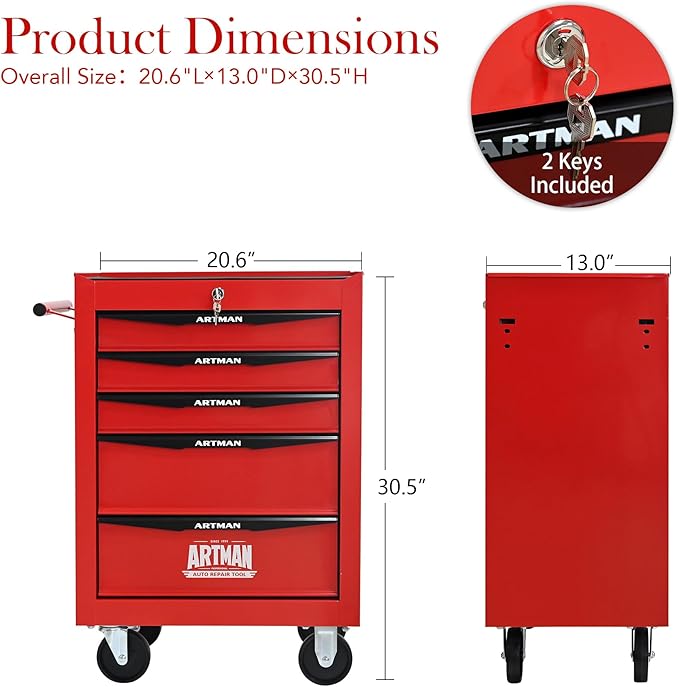 RYH 5 Drawers Rolling Tool Chest - Heavy Duty Mobile Tool Cart with Locking Wheels & Ball Bearing Drawers, ?30.5 H x 20.9 W x 13 D Garage Tool Storage Cabinet (Red, 5 Drawers)