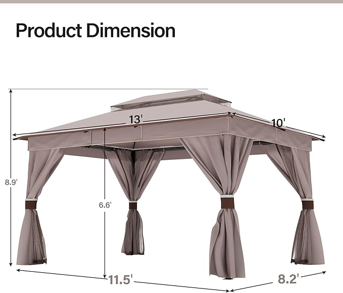 LAUSAINT HOME Semi-Permanent Patio Gazebo 10'x13' with Expansion Bolts, Outdoor Heavy Duty Party Tent & Shelter with Double Roofs, Mosquito Nettings and Privacy Screens for Backyard, Garden, Lawn