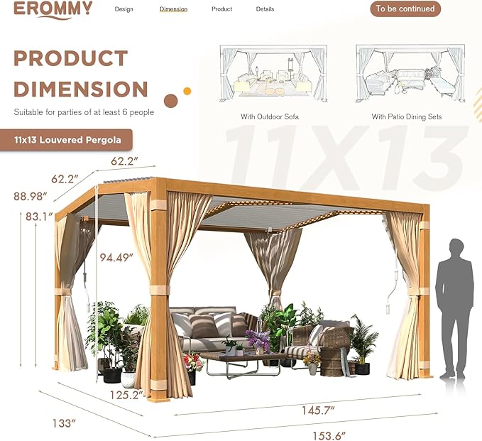 EROMMY Louvered Pergola 11'x13' Outdoor Hard Top Mansard Roof Gazebo with Aluminum Wooden Grain Frame and Adjustable Metal Rainproof Roof for Garden & Patio, Curtains and Netting Included, Wood Grain