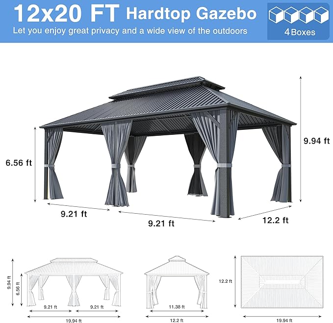 12x20 FT Gazebo Hardtop Gazebo, Aluminum Pergola with Double Galvanized Steel Roof, Curtains and Netting Included, Outdoor Gazebos Canopy for Patio, Backyard, Deck, Lawn,Grey