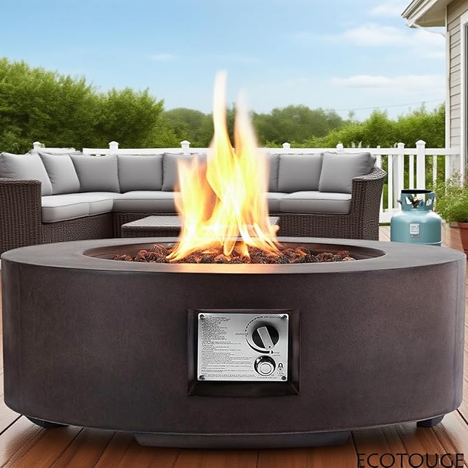 ECOTOUGE Propane Fire Pit Table, Outdoor Gas Fire Pit, 30''Auto-Ignition Round Steel Fire Table, 50,000 BTU Concrete fire Pit w/Weather-Resistant Pit Cover, No Tank Holder, Brown