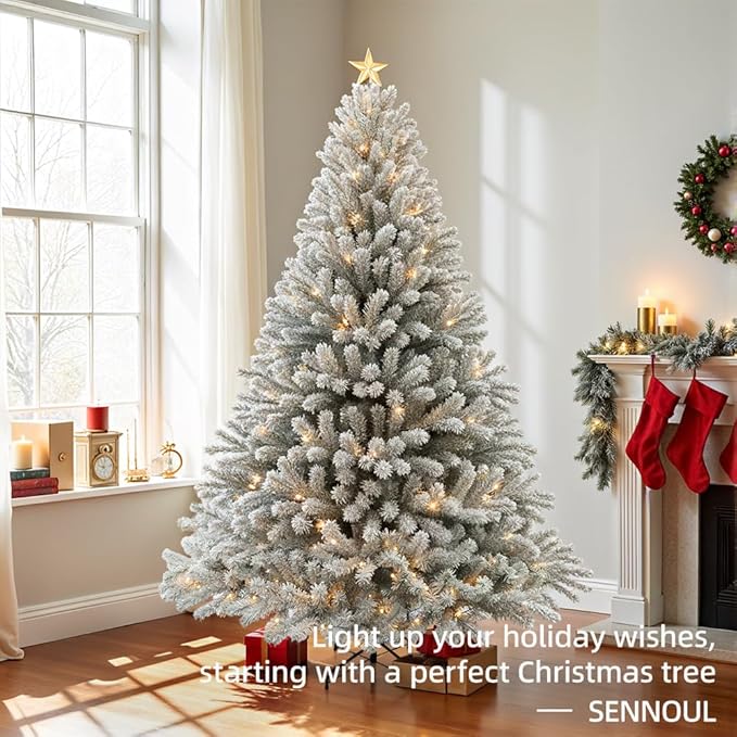 Prelit Christmas Tree with Lights 9ft,Premium Snow Flocked Artificial Xmas Tree, with 2270 Branch Tips and 900 Warm Lightsm,Support Automatique,Perfect Choice for Christmas Decorations,White