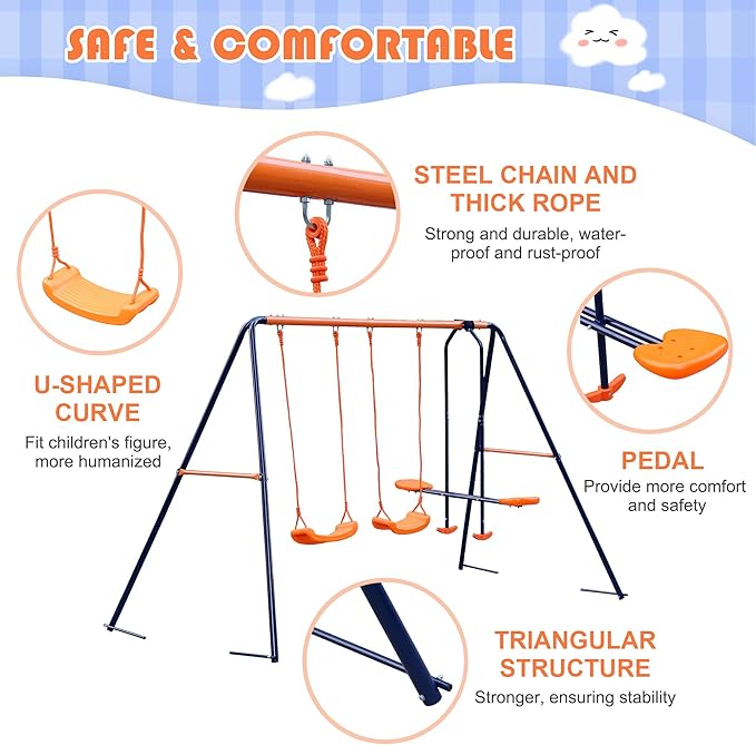 Outdoor Swing Sets for Backyard, 440lbs Load Capacity Swing Stand with 2 Seats and 1 Glider, Heavy Duty A-Frame Metal Outdoor Swing Set for Kids