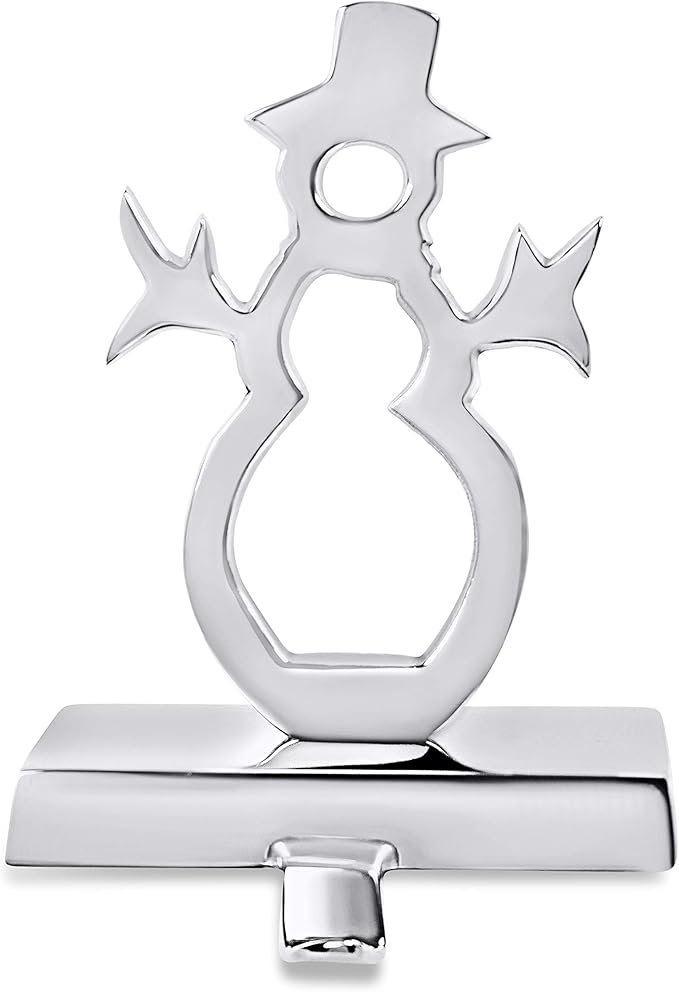 BIRDROCK HOME Whimsical Snowman Stocking Holder for Mantle – Holiday Christmas Decorations – Hanger for Stockings – Stainless Steel Hooks Fireplace Topper Stairs – Decorative Heavy Stand - Silver