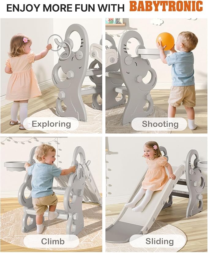 Babytronic Toddler Slide, Kids Indoor Outdoor Playset with Basketball Hoop & Ring Toss, Foldable Baby Plastic Slide, Outdoor Playground Climber Slide (Gray&White)