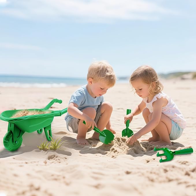 Duckura Kids Wheelbarrow Set - Gardening Tools for Kids with Shovel, Rake, Trowel, Outdoor Yard Lawn Digging Weed Toys, Christmas Birthday Gifts for Boys Girls Age 2 3+Years Old(Green B)