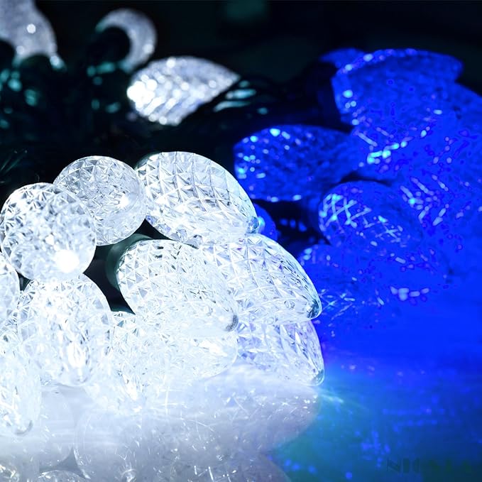 C9 LED Outdoor Christmas Lights,C9 String Lights with Quick Clips,for Xmas House Roof Gutter,Plug in & Connectable,132FT 200 Light,BlueWhite Faceted